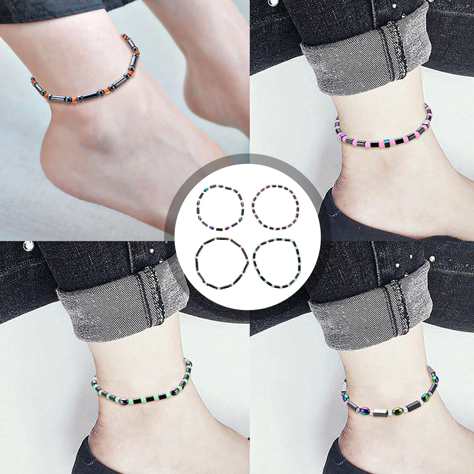 

4Pcs Hematite Anklet Acrylic Beads Inlaid Durable Foot Chain for Women Men Lightweight Portable Gift Ankle Chain