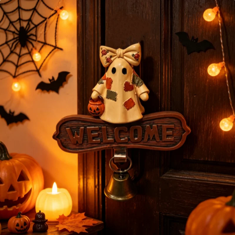 Patchwork Ghost Welcome Doorbell Halloween Resin Hanging Ornament with Bell Front Porch Wall Door Decoration