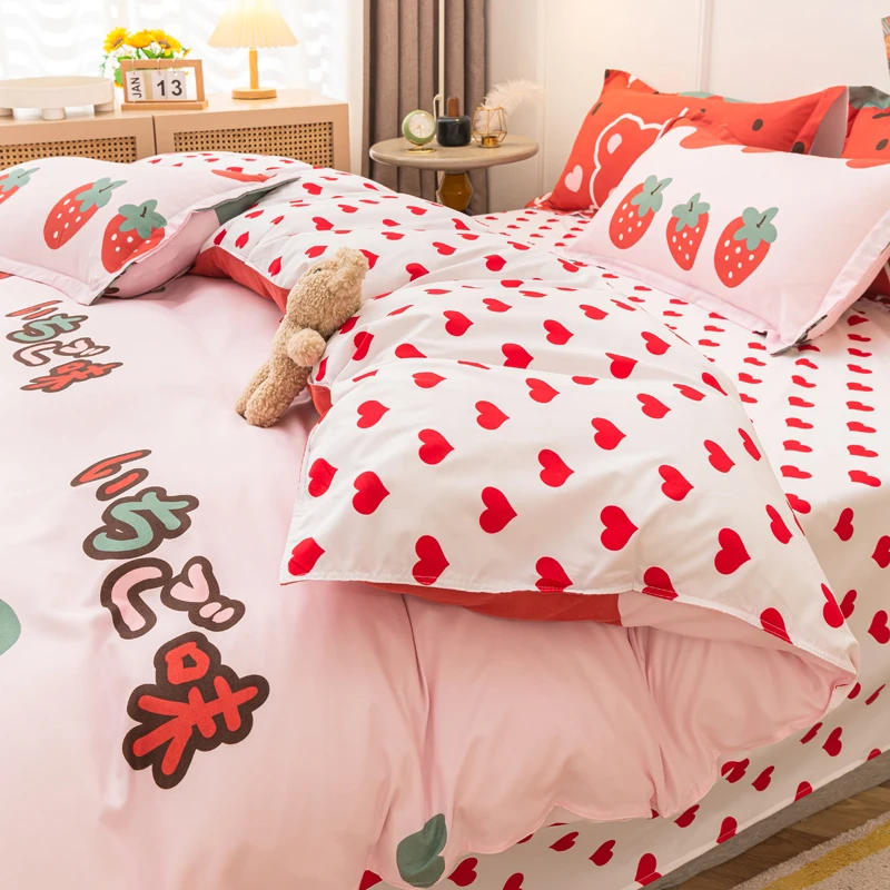 Imagem -02 - Morango Imprimir Duvet Cover Conjunto para Crianças Urso Bonito Padrão Conjunto de Cama para Meninas Frutas Macias Capa de Consolador Rainha e Mulheres Peças