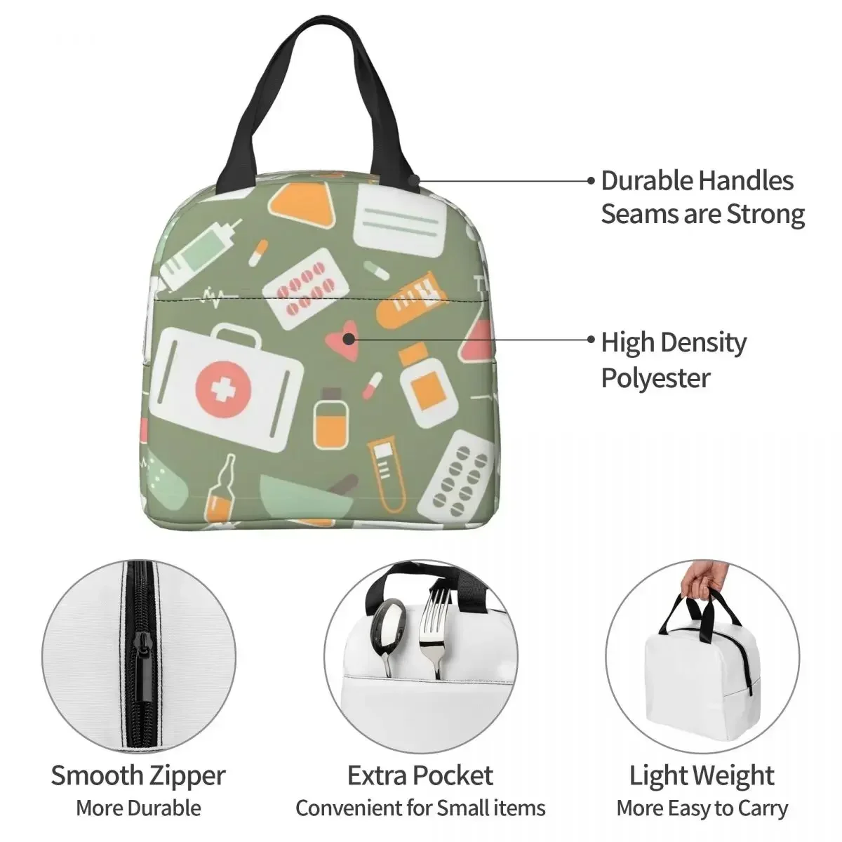 Nurse Healthcare Nursing Pattern Insulated Lunch Bags Large Reusable Cooler Bag Tote Lunch Box Beach Outdoor Men Women