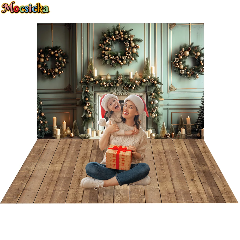 Mocsicka Retro Indoor Christmas Fireplace Photography Background Xmas Tree Party Kid Family Portrait Decor Photo Backdrop Studio