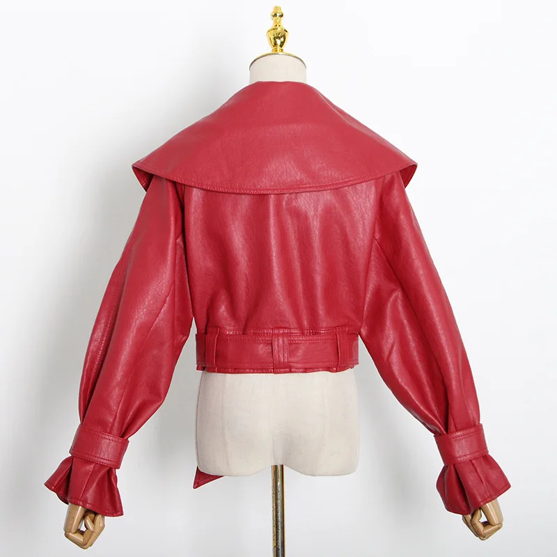 Elegant Lady Lapel Bow Tie PU Cropped Jacket Fashion Women's Long Sleeve Leather Coat Jaqueta Feminina Inverno 2024 Spring New