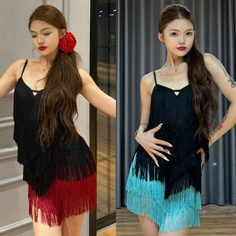 New Latin Dance Dress Women Sexy Tassel Dress Adult Latin Competition Clothing Cha Cha Rumba Samba Performance Costume DNV21474