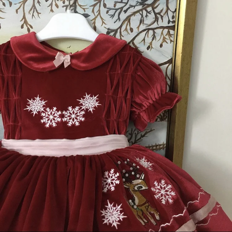 Robe de Bal en Velours Rouge pour Bébé Fille, Broderie de Cerf de Neige, Vintage, Princesse Espagnole, Eid, Décontracté, Noël, Automne, Hiver