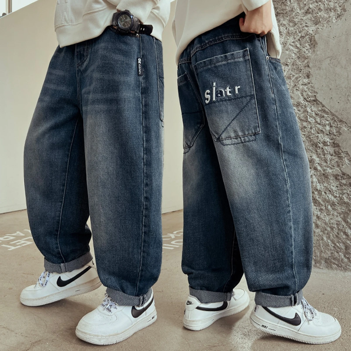 Trendy Teen Boys Loose Fit Denim Jeans Casual Ripped Kids Long Trousers Korean Style Cotton Blend for Autumn Spring