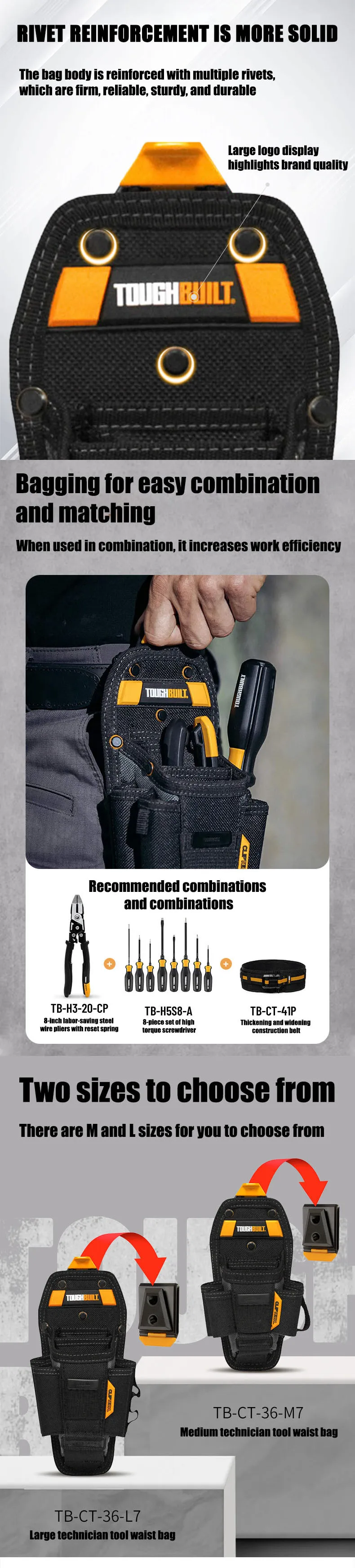 TOUGHBUILT Techniker-Werkzeugtasche, Siebentaschen-Aufbewahrung, Schnellhängende Werkzeugtasche für Holzarbeiter und Elektriker TB-CT-36-L7/M7 – Detail 3