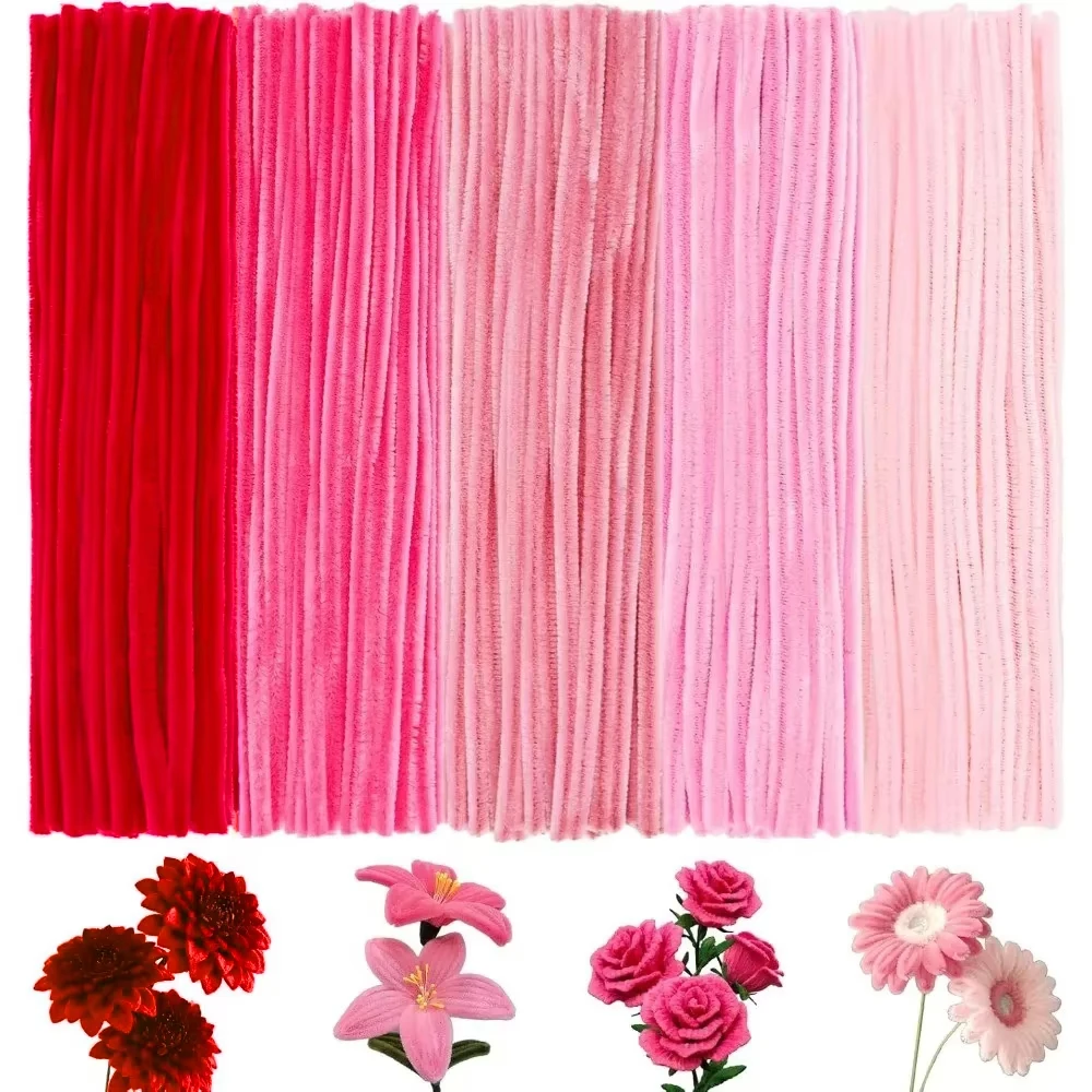 Art And Craft Valentine - อุปกรณ์งานฝีมือดอกไม้ทำเองไล่เฉดสีชมพูแดง สำหรับเด็ก ทำช่อดอกไม้ ตกแต่งงานวาเลนไทน์ งานแต่งงาน พร้อมก้านดอกไม้แบบบิด