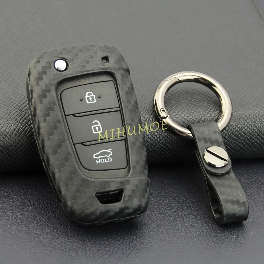 Carbon Fiber Flip Car Key Fob Case Holder Chain Ring Keychain For Hyundai Tucson Sonata Venue Accent Santa Fe Cruz Kona SE i30