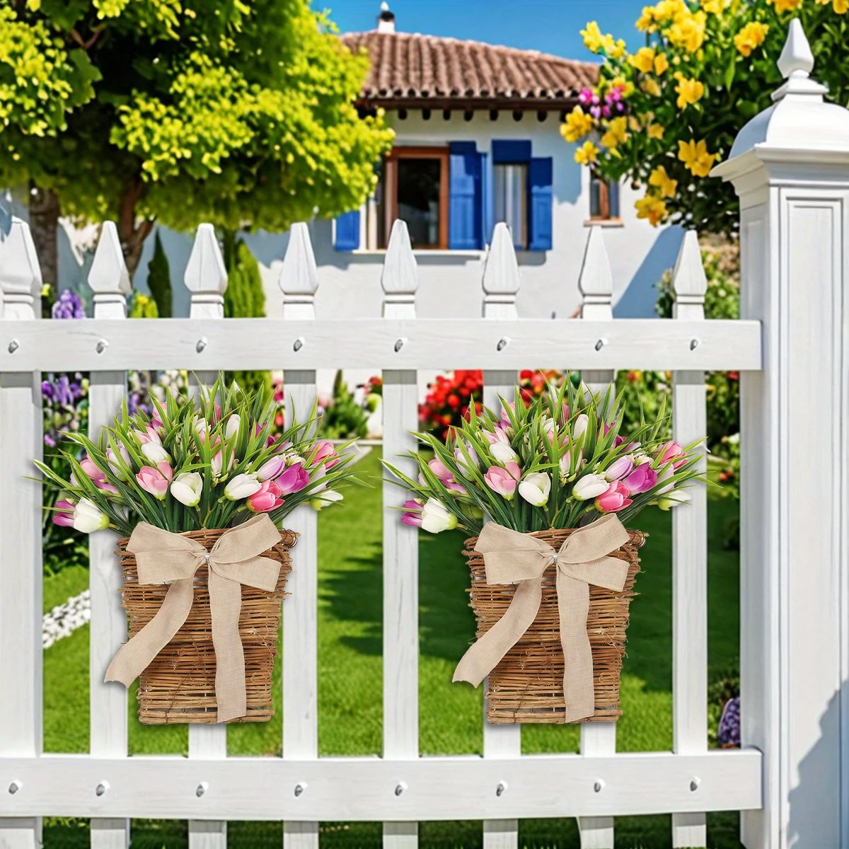 

1Pc Front Door Flower Basket, Artificial Tulip Door Hanging Basket Wreath, Spring Wreath Tulip Decoration Porch