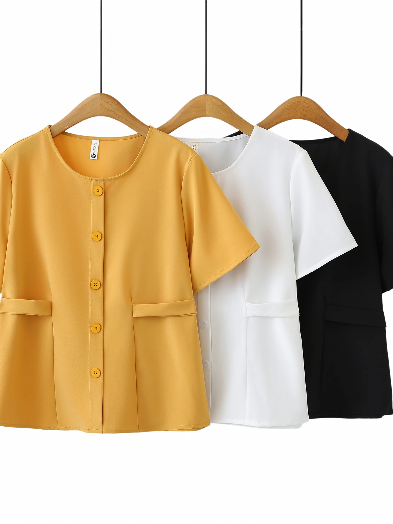 Casual Style Women's T-shirt Button Short Sleeve round Neck High Waist Soft Comfortable Polyester Fiber Summer Slimming Top