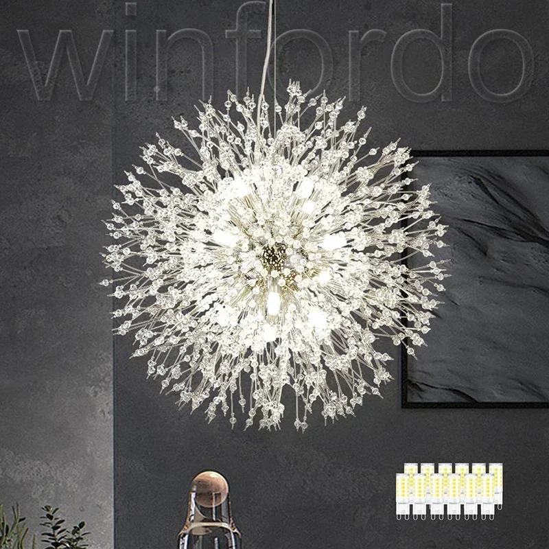 Modern Crystal Dandelion Hanging Pendant Lamp 12-Light Sputnik Firework Chandelier Light Fixture for Bedroom Kitchen Living Room