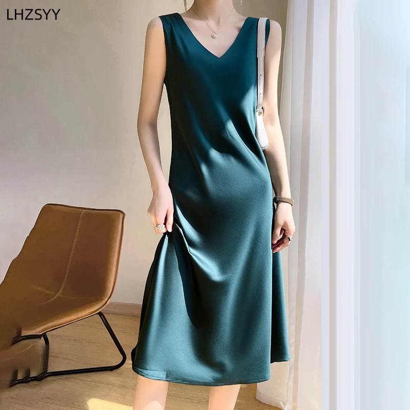 Imagem -04 - Lhzsyy-vestido de Seda Cetim sem Mangas para Mulheres Seda Amoreira Saias Longas do Quadril Decote em v na Frente e Atrás Colete Primavera e Verão Novo