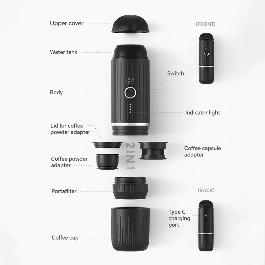 Portable Coffee Maker Electric Espresso Machine Compatible with Capsule & Ground Coffee 2 In 1 USB Charging for Camping Travel