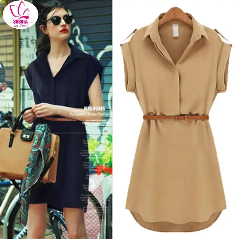 

SUSOLA Lady Women Summer Mini Dress Shirt Notched Neck Short Solid Chiffon Casual Office Dresses With Belt Vestidos De Festa