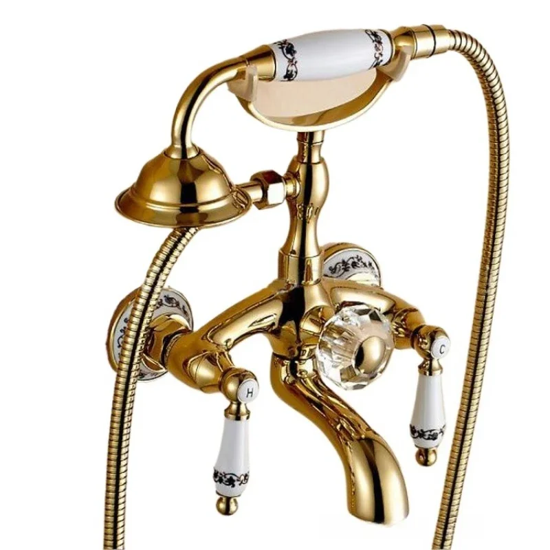 Telepon Antik untuk Dinding dengan Braket, Berlapis Emas Kuningan, Porselen Biru dan Putih, untuk Kamar Mandi