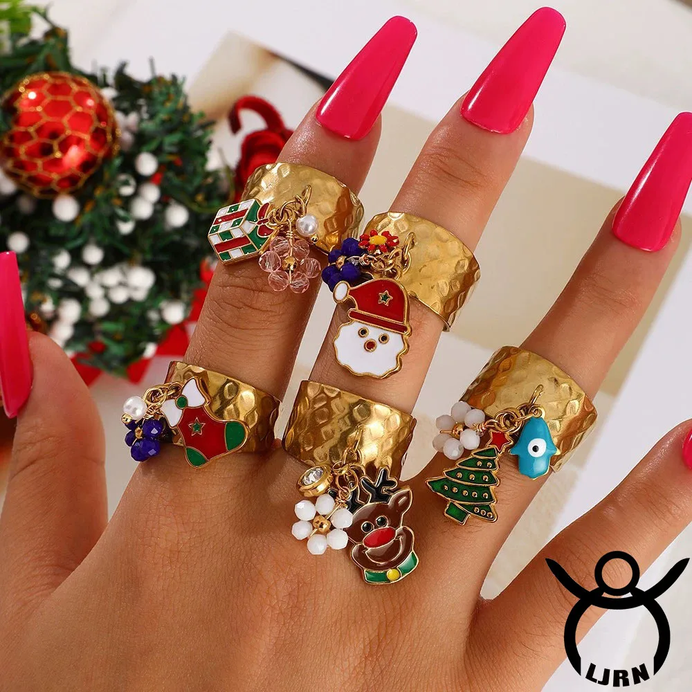 

2025 New Finger Ring Titanium Steel Gold Color Plated Metal Christmas Santa Claus Cartoon Snow Rings for Women Jewelry