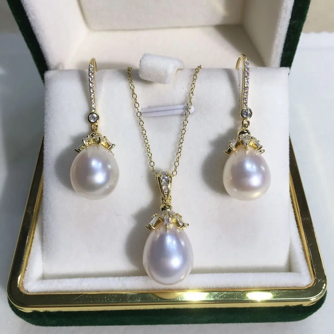 

11-12mm Elegant White Pearl Pendant Drop Earrings Jewelry Set For Woman 2022 Girl's Jewelry Party Wedding Set