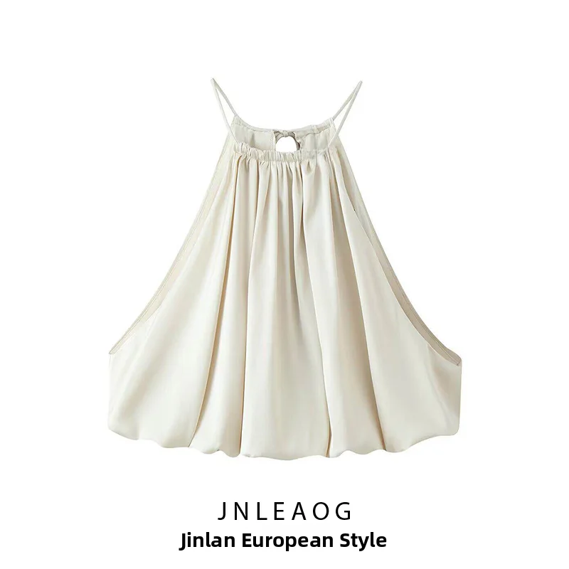 JNLEAOG Summer New Women's Fashion Balloon Sleeve Short Top Neck Hanging Versatile Polyester Casual Wear Commute Style