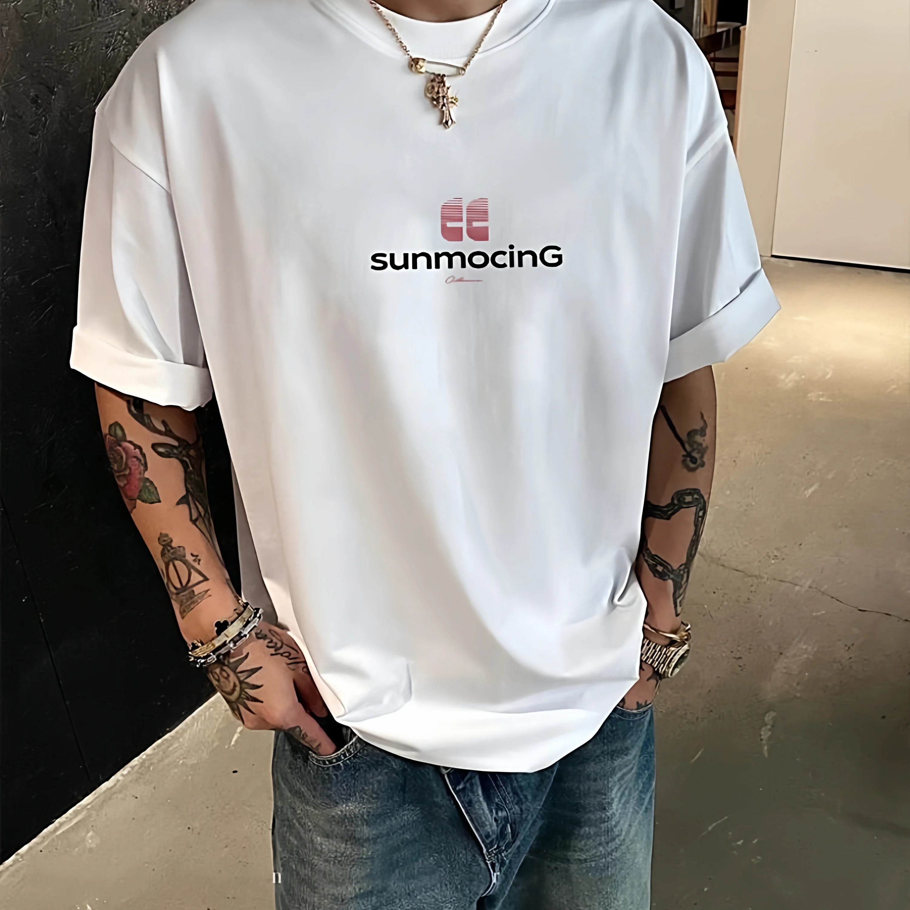 

American Simple High-End Cotton T-irt ort Sve Letter Print Summer Heavyweight Trendy Brand Men Women Couple Tops