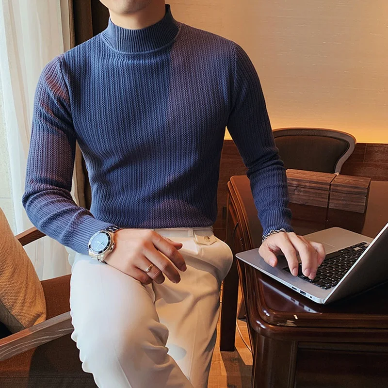 

Mid-Ne Knitted Sweater Men's Autumn Winter Slim Fit Casual Briti Sle Knitwear f High Collar Faionable Le...