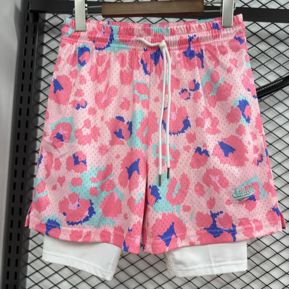 Summer Embroidery Pink Printing American Four-quarter Pants Comfortable Lining Fake Two-piece Basketball Shorts for Men Women