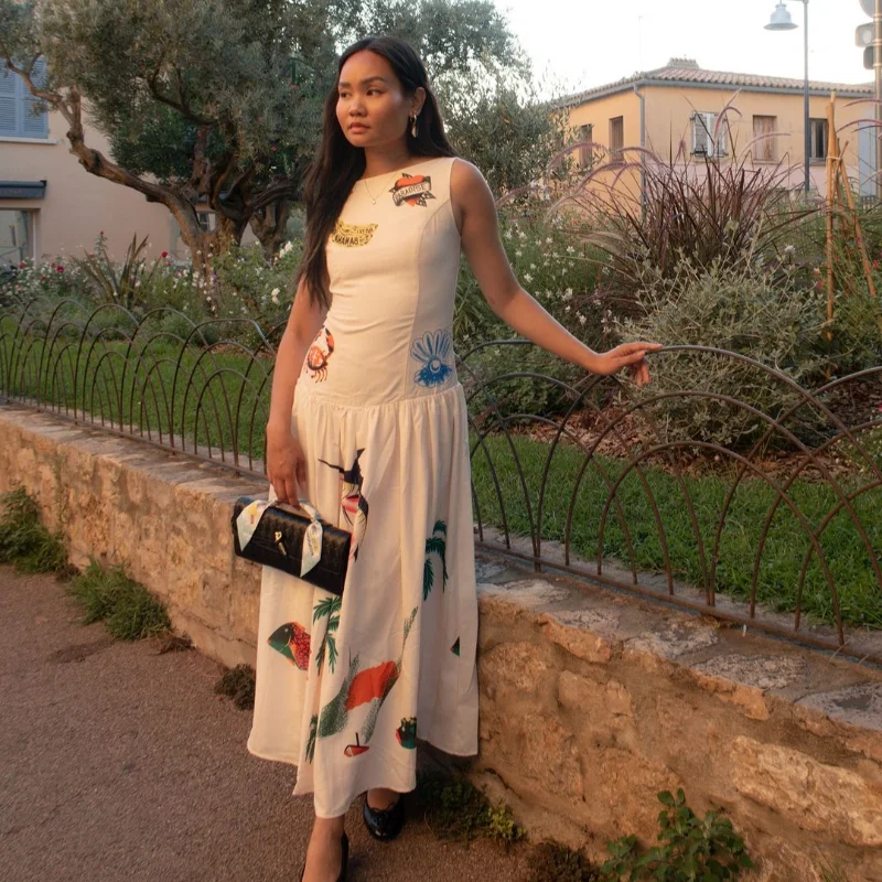 Abito lungo da donna con stampa senza maniche, cinturino largo senza schienale, abiti Boho, gonna ampia, orlo, abito lungo, abiti da donna di nuova moda 2025