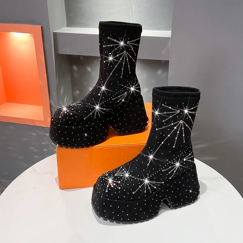 High-end Stretch Rhinestone Short Boots Women Autumn Winter  Style Fashion Thick Soled Comfortable Boots Party Casual Shoes