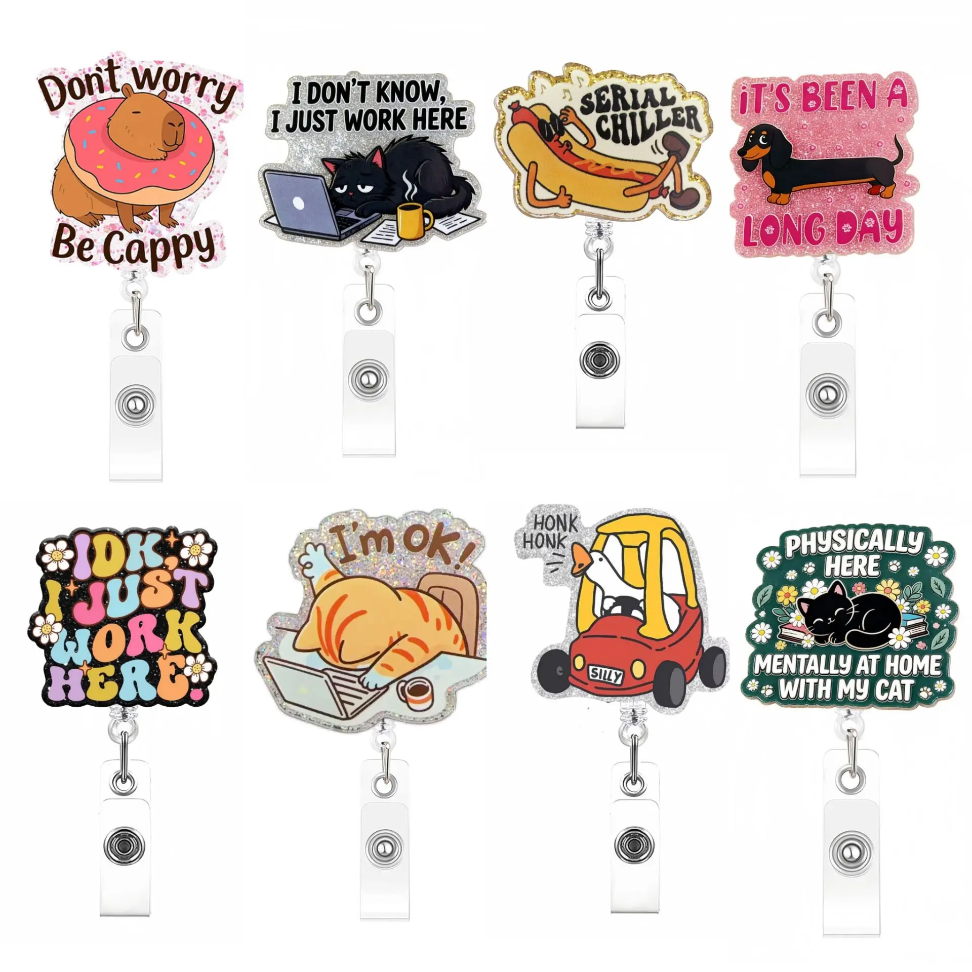 New Arrival 1 Piece Shiny Acrylic Funny Anime Capybara Cat Hot Dog Retractable Nurse Badge Reel Teacher Doctor ID Card Holder