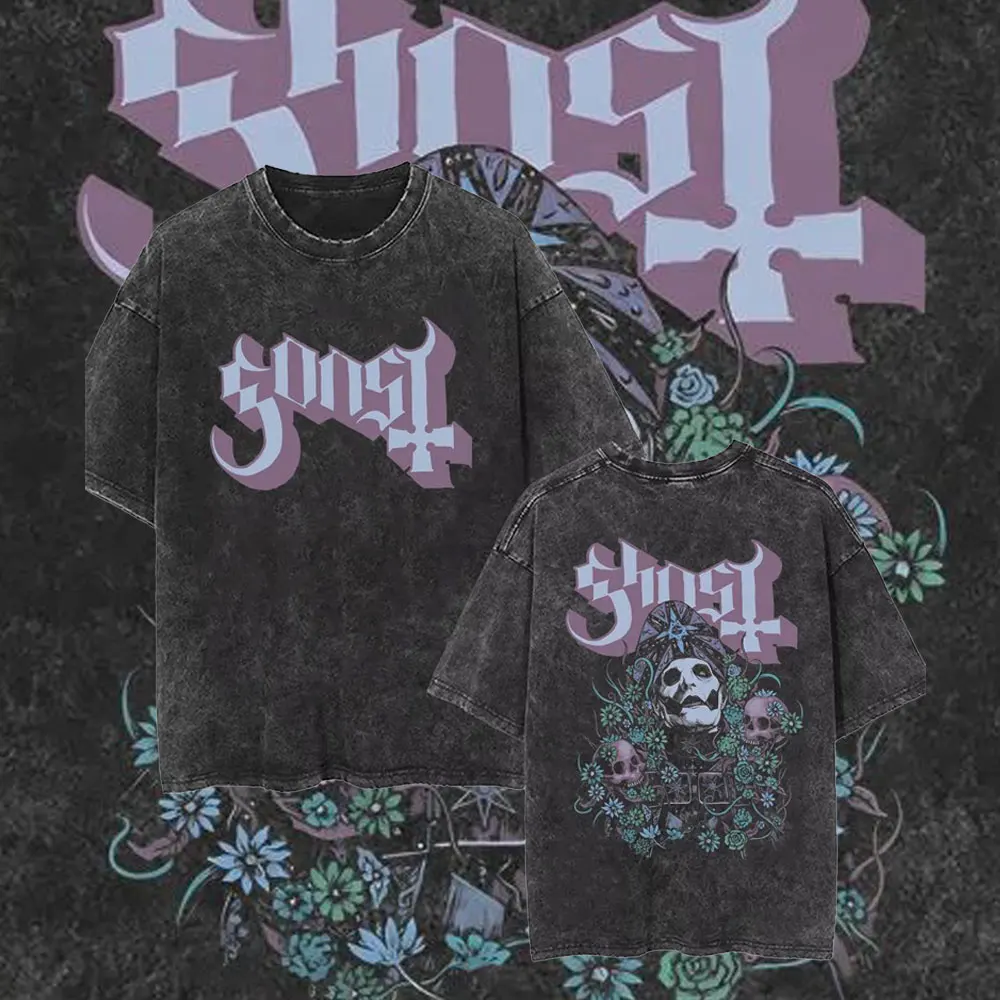 

European American Rock Punk Band T-shirt Washed Vintage Ghost Band T-shirt Men's 90s Gothic Streetwear Metal Music Men's Clothes