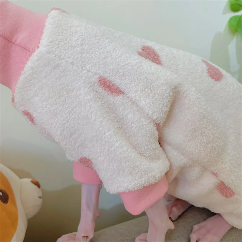 Pink Heart Warm Fleece Jumpsuit for Sphyinx Cat Plush Belly-wrapped Winter Sweater for Hairless Cat Spring Coat for Female Cat