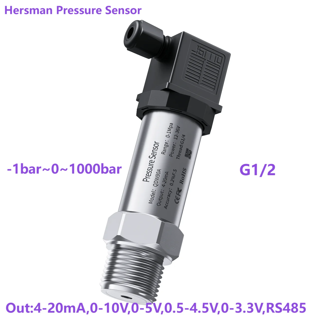 Transmissor de pressão g1/2, 50bar, 25bar, 50bar, 60bar, dc24v, medidor de pressão 0-5v, 0-3.3v, sensor de pressão de gás de óleo herman