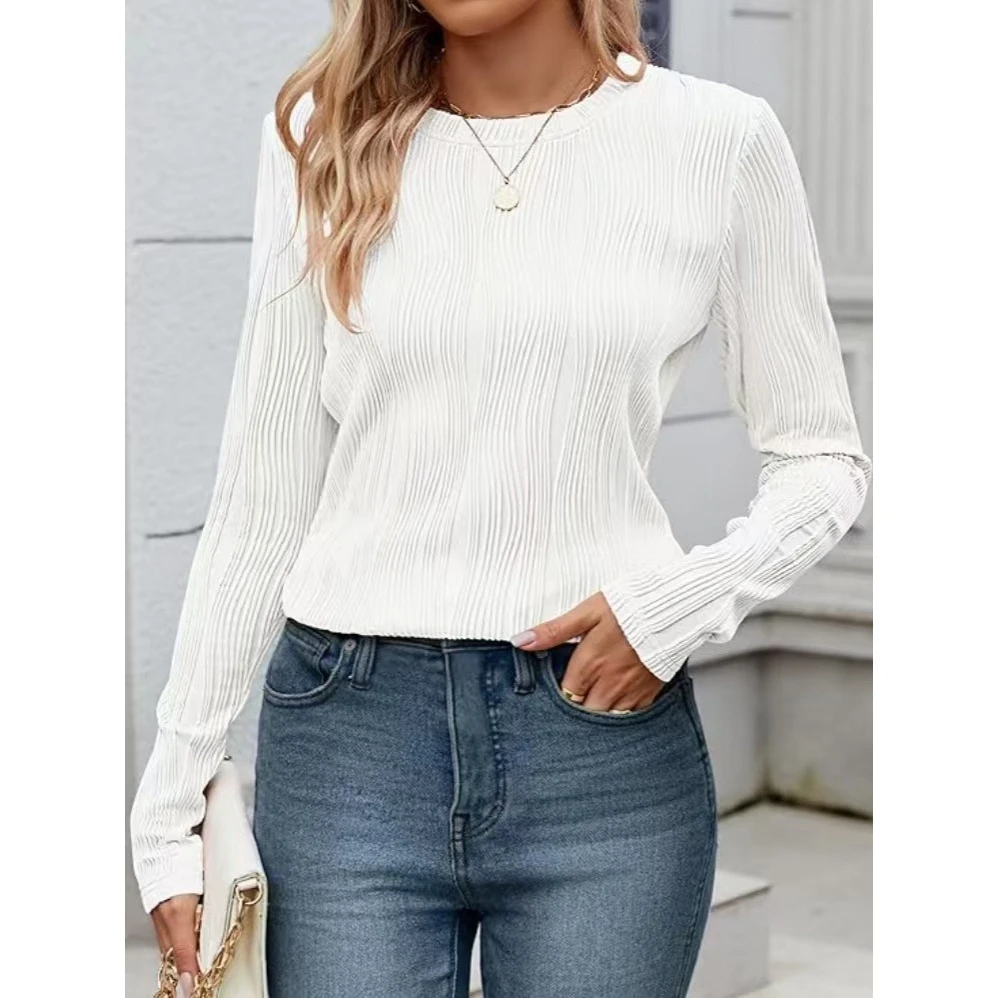 Fashionable Casual Long Sleeve round Neck Texture Top for Women New 2024 Cross-Border Style Polyester T-Shirt Lightweight Mature