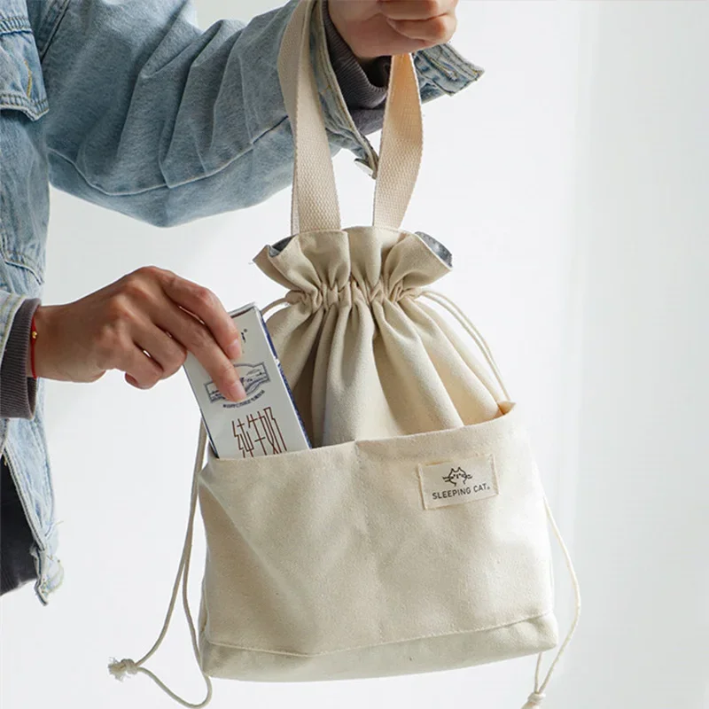 1pc Lunch Bag With Drawstring Portable Bento Storage Bag with Pocket Office Students Food Storage Bag Simple Japanese style