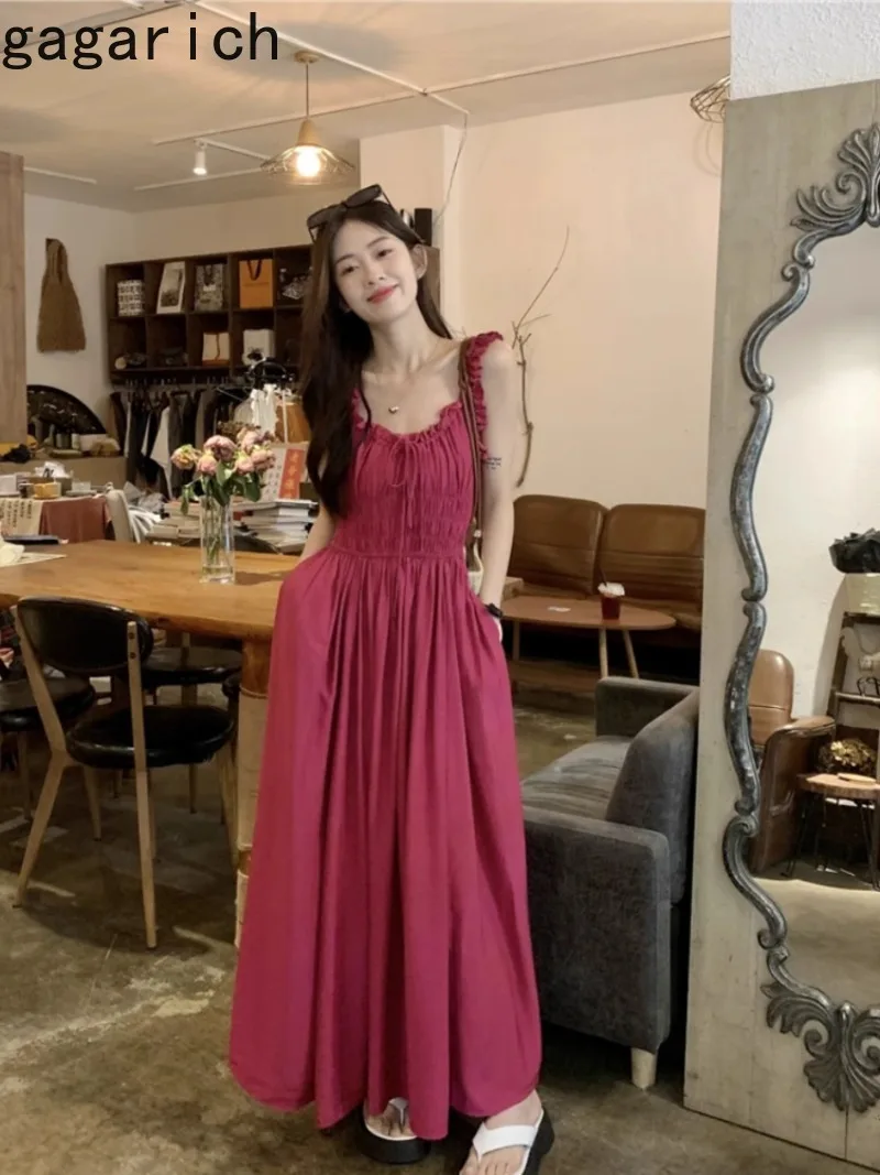 

Gagarich French Retro Camisole Pleated 2025 Spring Women New Gentle Style Waist Cinching Slimming Temperament A-line Long Dress