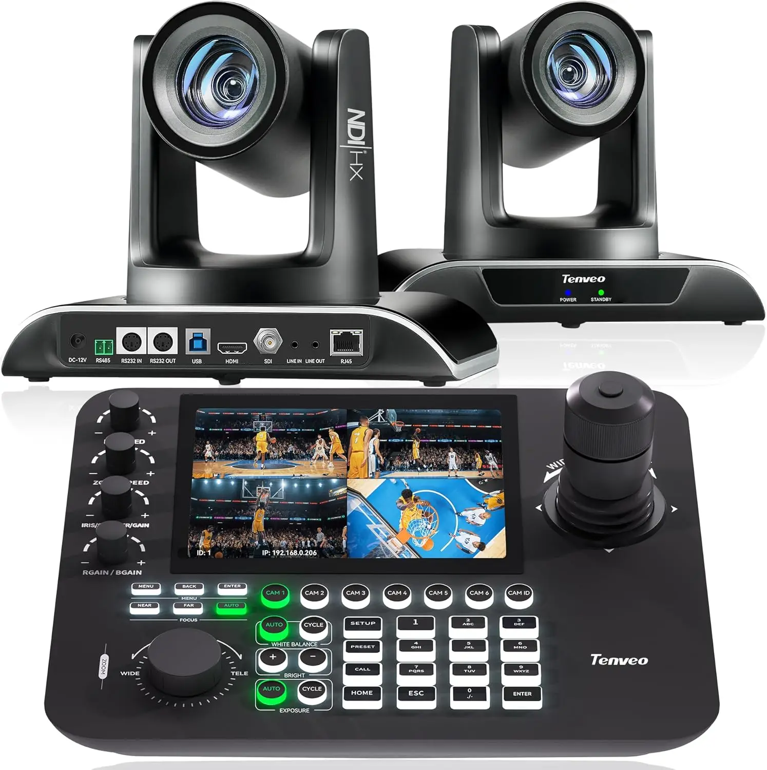 1080p60fps NDI PTZ Streaming Camera AI Tracking 30X Optical Zoom(*2) and 7'' LCD Screen NDI PTZ Joystick Controller Bundle
