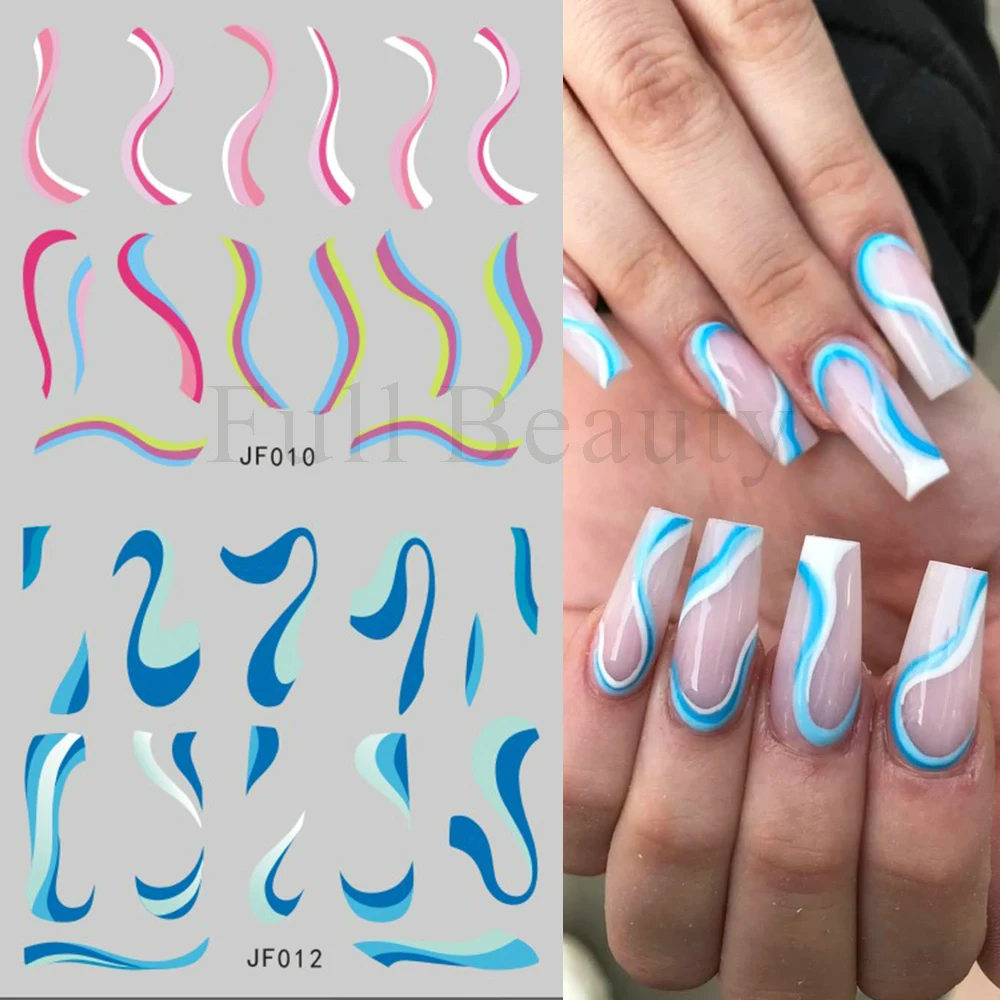 Wave Lines decalcomanie per unghie Set Swirl Nail Stickers Rainbow Water Transfer Sliders French Manicure Guide copertura completa Wraps NTJF1-12