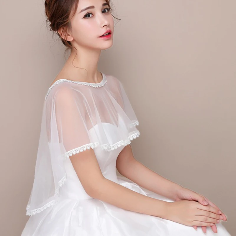 Korean Solid Color Wedding Dress Shawl Women\'s Cape Summer Lace Chiffon Mesh Transparent Sun Clothing Sunscreen Cloak R38