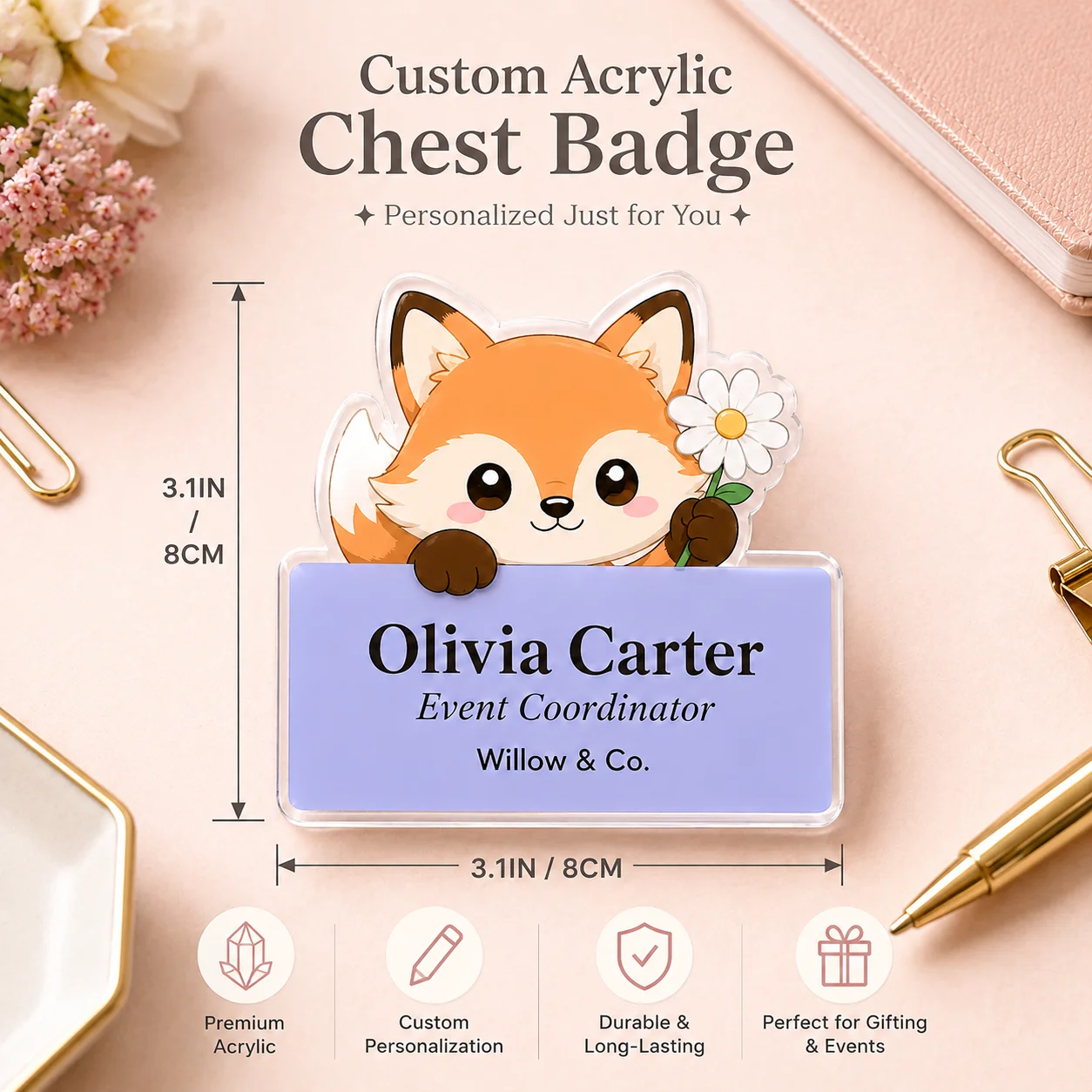 Personalized Acrylic Chest Badge Custom Photo Logo Name Text Pin for Employee Conferences Events Business Staff Uniform Name Tag