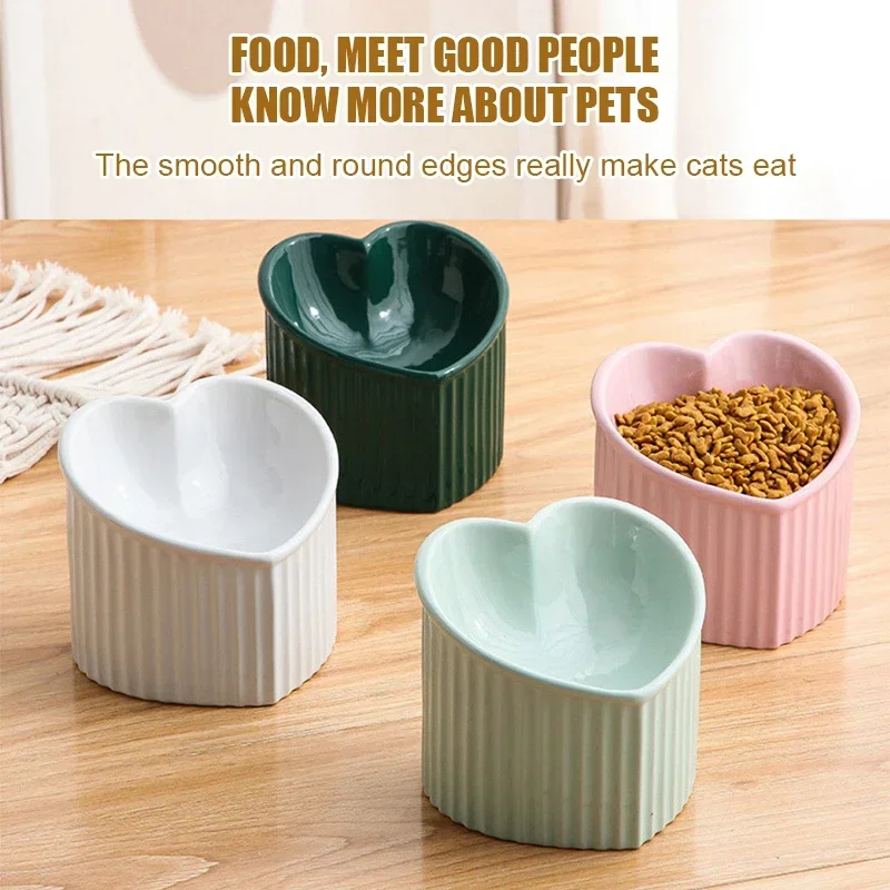 Ceramic Tilted Elevated Cat Bowl Heart Shape Anti Slip Cute for Cats Kitten Small Dogs Functional Width 14cm Handmade Pet Feeder