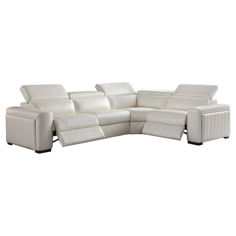 

Luxury modern retractable electric recliner sofa set, leather interior, wooden frame, space-saving design