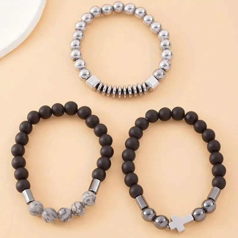 Fashion Personalized Cross Black Gallstone Men's Bracelet Vintage Nature Stone Elastic Three Set Combination Gifts
