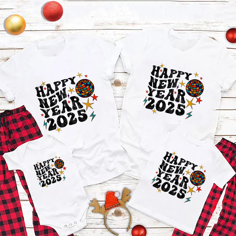 Happy New Year 2025 Family Matching Outfits Dad Mom Kids Shirt Baby Bodysuit Family Clothes New Year Party Family Outfits