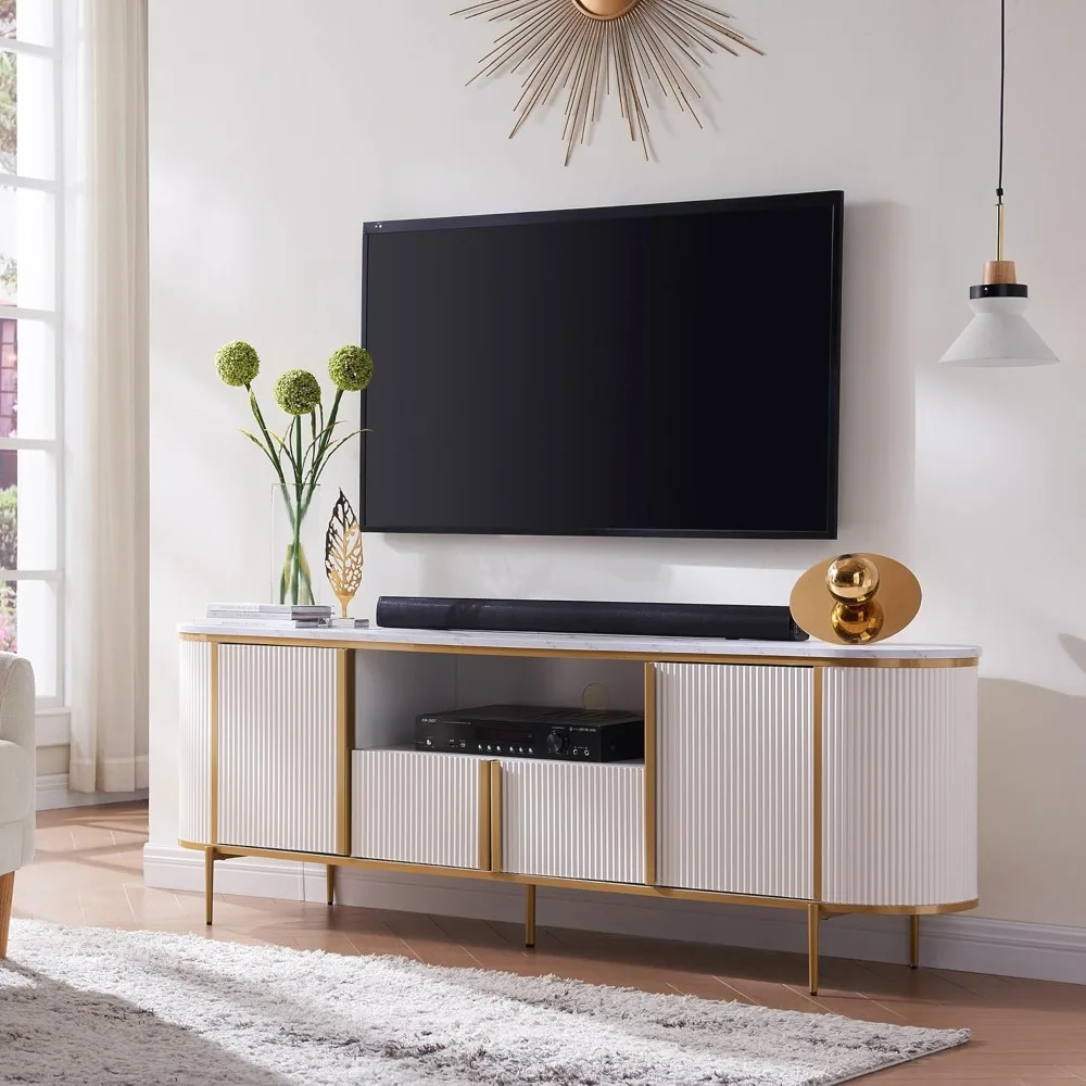 OKD-Support TV cannelé de luxe, centre de divertissement moderne pour téléviseurs jusqu'à 80 pouces, console TV avec dessus en faux marbre, incurvé, 70 pouces