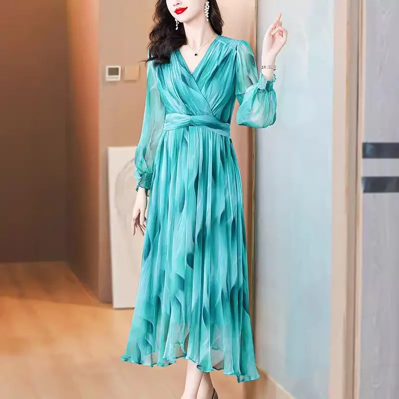 

Blue V-Neck Long Sleeve Dress For Women's Summer 2024 New Fashion Slim Temperament A-Line Mid Length Dress Elegant Vestido K1759