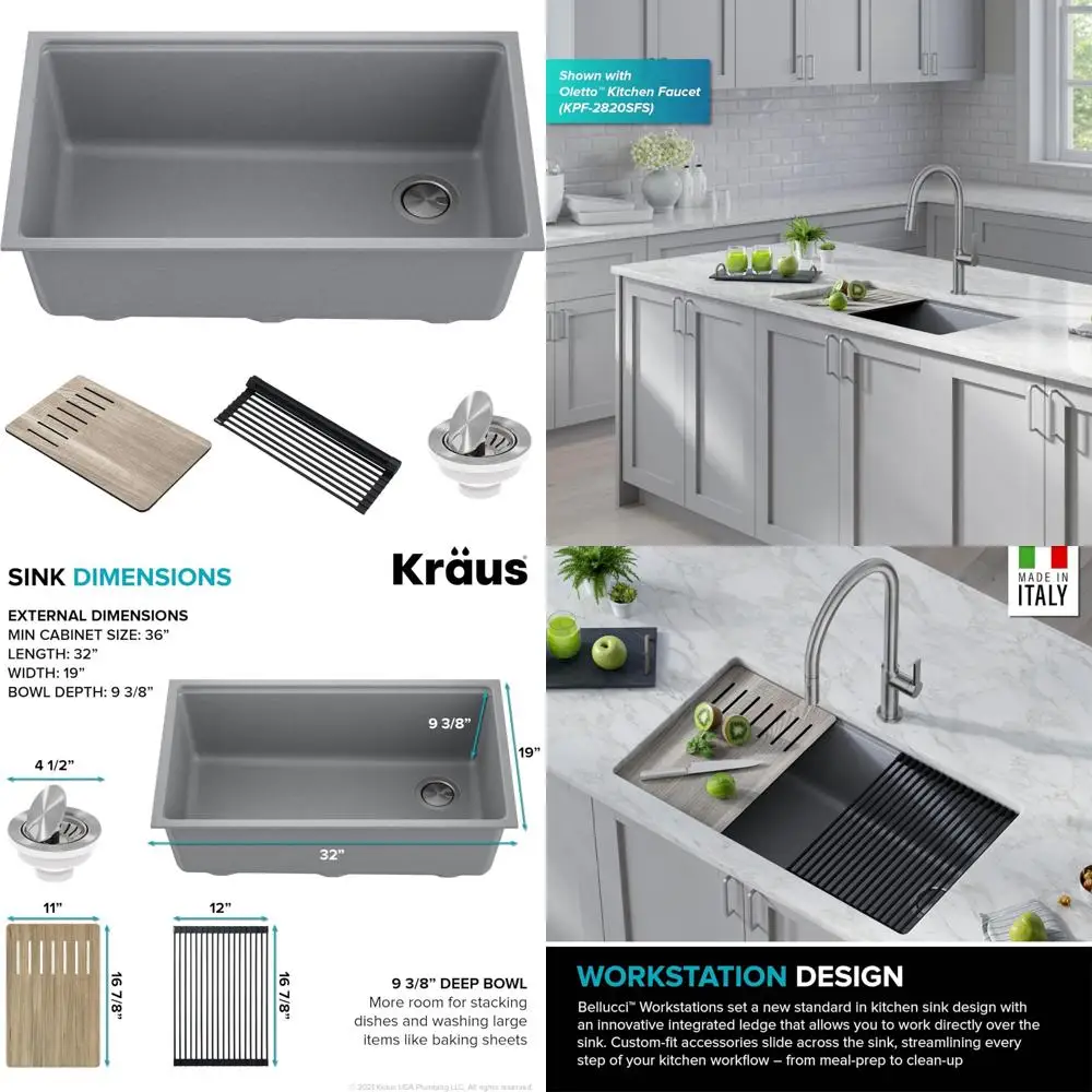 

Kraus 32 Inch Undermount Workstation Sink with Granite in Metallic Gray, Complete with Accessories, Model KGUW2-33MGR