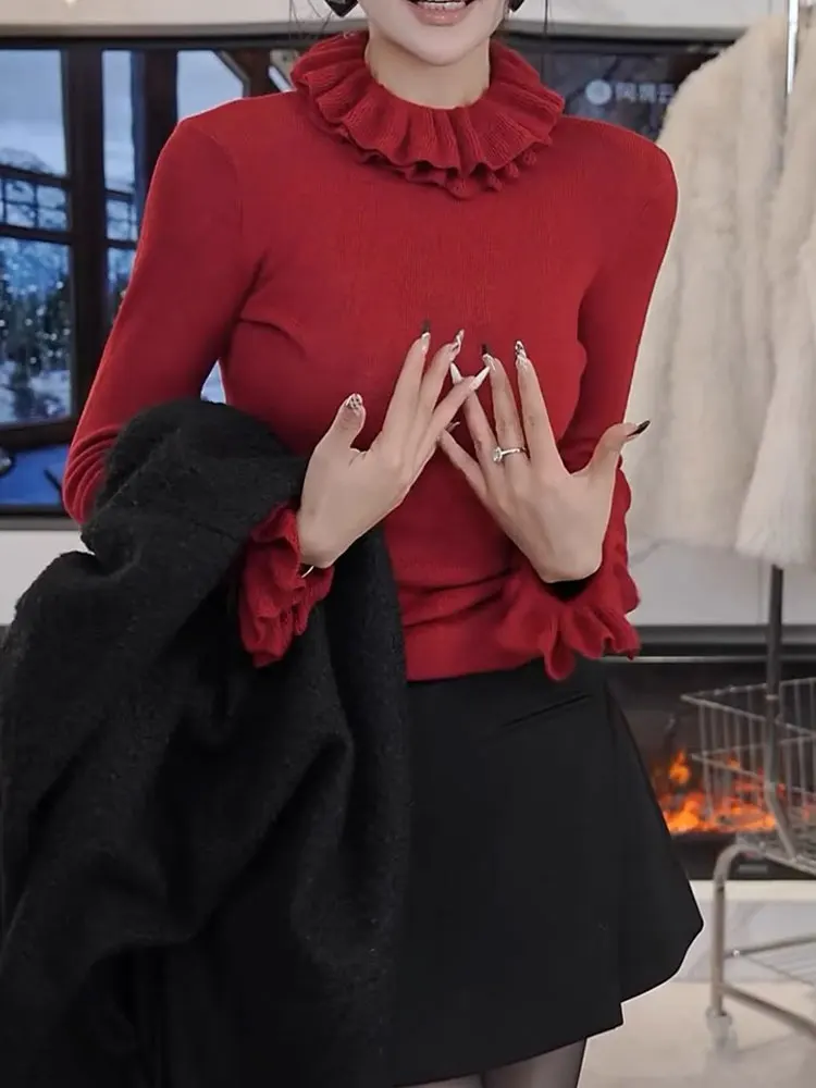 

Ele Sweet Lace Trim Long Sve Women's Slim Fit Knitted Top Korean Sle Commute Faion Regular Fit Base irt