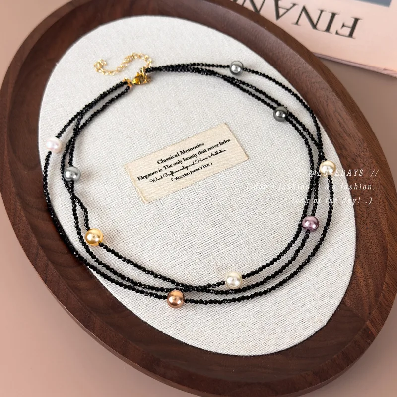 Necklace Black Resin Beaded Multi Layer Handmade Women Fashionable Elegant Wrap Clavicle Chain New Lightweight Daily Gift