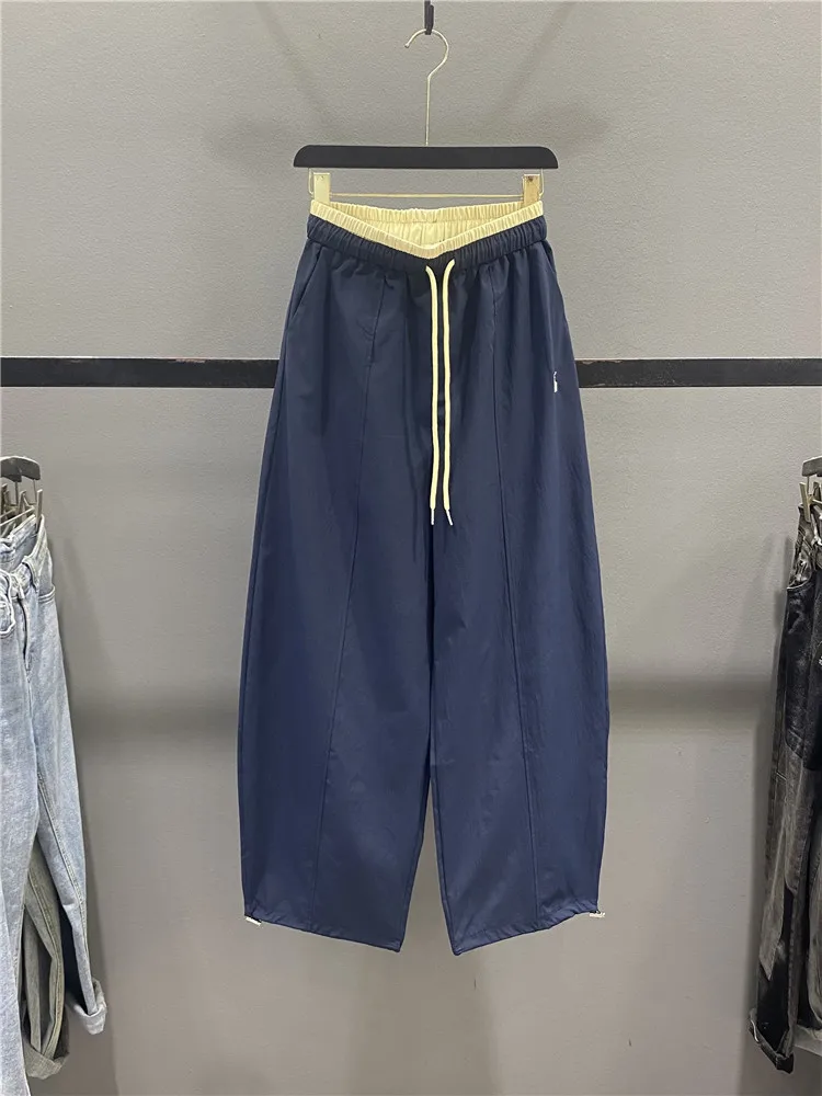 

American Color Block Casual Pants Women's Summer Thin Quick Dry Drawstring Loose Slimming Banana Pants Wide Leg Pants