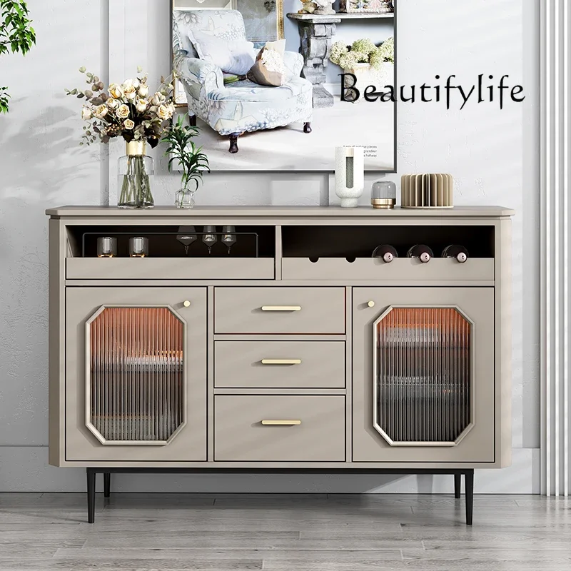 

L Nordic light luxury dining side cabinet wine cabinet integrated against the wall modern black retro glass door tea cabinet