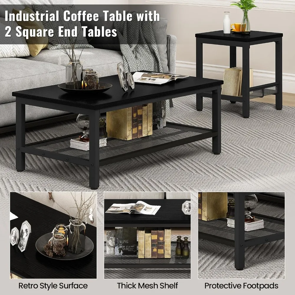 3 Pieces Living Room Table Set, Industrial Coffee Table with 2 Square End Side Tables, Coffee Table Set with Metal Frame